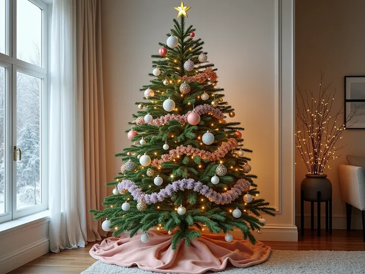 A majestic and ultra-realistic Christmas tree decorated with ornaments and garlands inspired by a sophisticated pastel color palette, including shades of soft beige (#FE8BA), pale blue (#5CB2D1), muted lavender (#482DF), warm pink (#CD33B1), peachy coral (...