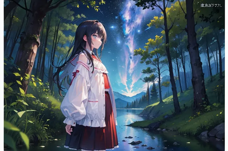 8k,  super detailed, Accurate, 最 High Quality , masterpiece,  super detailed,   high detail ,  High Quality , 最 High Quality ,  high definition ，The characters composition is a small ， 1 girl，Turning away from the audience， girl staring at the lakeside，In ...