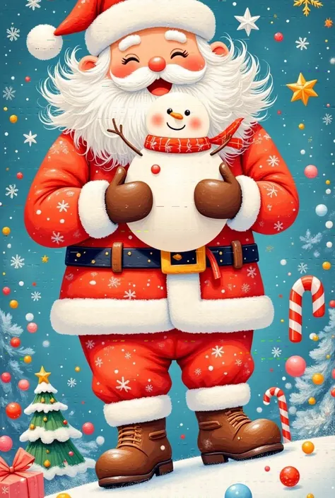 Illustration Art Style 。Santa holds a little snowman in his hands