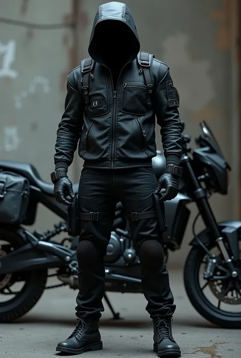  Put on a big black motorcycle for him,  a black military bag , Black mesh pants 