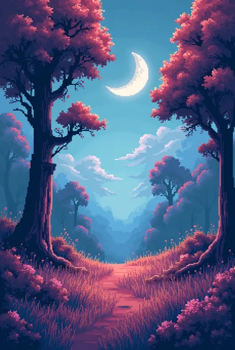  a retro 8-bit pixel art style background inspired by the mystical theme and color palette you requested. It features seamless looping elements like surreal trees, vibrant grass, and a smoky sky, perfect for side-scrolling animations, Soft light , a moon, ...