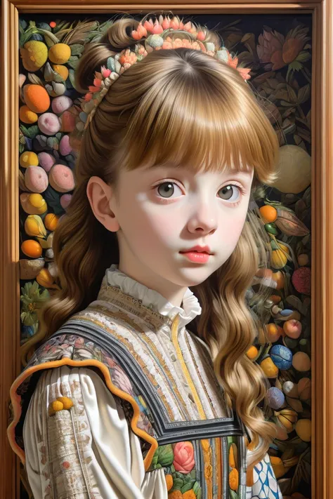 ((Super detailed, in the highest quality)), (((trompe loeil))), framed portrait of one beautiful girl, soft shoulder-length hair, dull bangs, eyelashes, embroidered blouse, her hands grabbing the frame, Giuseppe Arcimboldo, Maurits Escher, masterpiece,