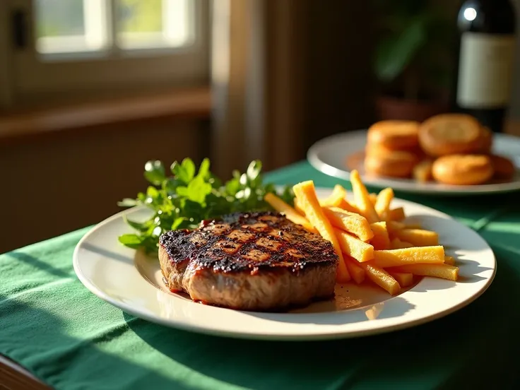 Яркий A vibrant still life depicting an appetizing meal: the main course is a tender grilled steak resting on a white plate. Its all artfully laid out on a green velvet tablecloth, against a warm and inviting background, with a shallow depth of field to hi...