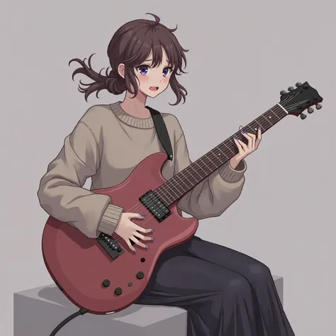  ( top quality), 1 woman ,  sweater 、 Long Skirt、  embarrassed face、  expressive eyes, cute,   ponytail, purple eyes,  playing electric guitar