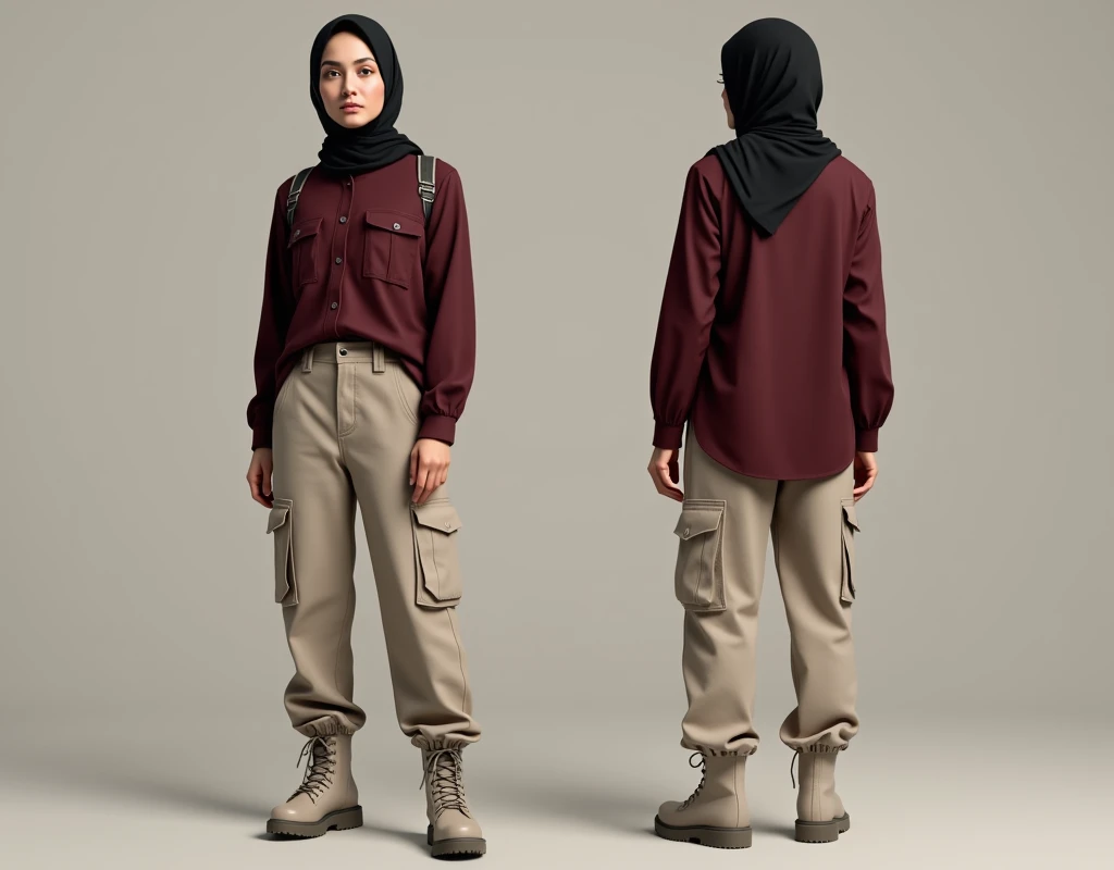 A realistic photography mockups a woman with black modern plan hijab with a maroon shirt Long-sleeved shirt with buttons, has 2 pockets, shoulder straps and vents on the backt, with dark cream cargo pants, and cream Tactical boot. in two positions in front...