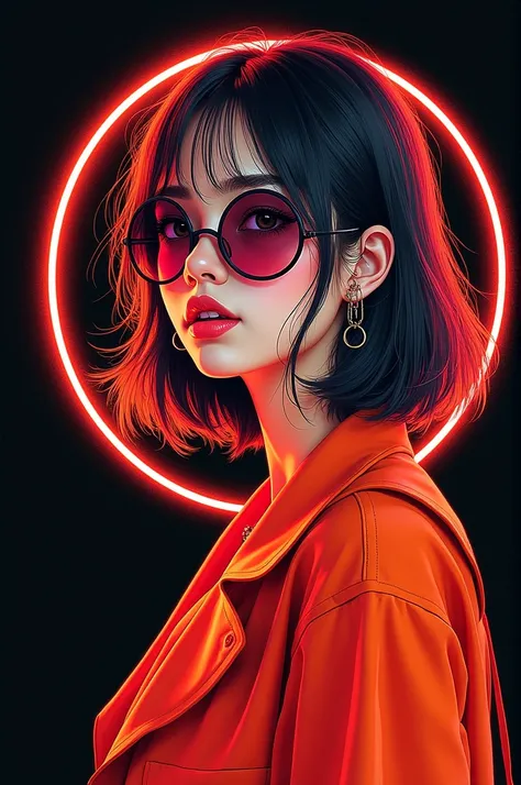 Drawing of  korean style  girl 28 years old, beautiful , messy hair black gray, water color , neon , facing right ,minimalist,wearing red orange attire sunglasses ,Circle on back ,on black construction paper,  good, half body drawing, unfinished, 4K, octan...