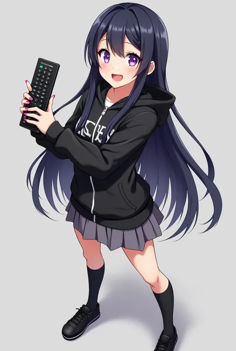 Adult anime woman looking forward and black hair and purple eyes and standing in the front and her legs and wearing shoes with black leather laces and with pins and socks up to the knees And wearing black poleron slim fit not with front closure with hood a...