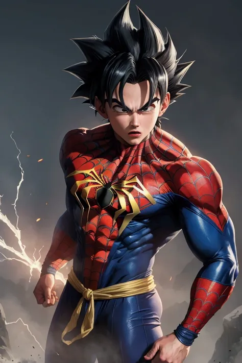 Make me an adult Songoku in a Spiderman costume I want it to be very detailed