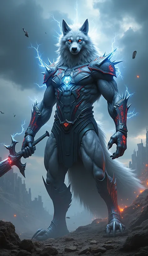 Design a hybrid entity combining the Wolf’s feral majesty with Spiderman. The creature should have the wolf’s muscular frame, gery glowing mane, and razor-sharp claws, merged with Spideman’s armor, glowing runes, and the iconic Mjolnir in its paw. Its eyes...