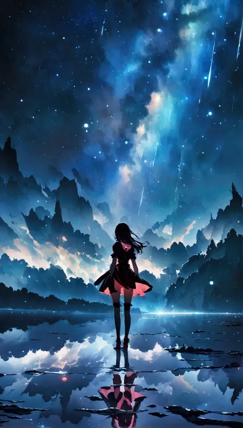 Official Art, Integrated 8K wallpapers,  very detailed ,   masterpiece best image quality ，Ultra Wide Angle， Knight ，woman，Standing by the salt lake，The water is like a mirror，Reflecting the sky, look up at the sky， The Milky Way is in the sky， Dynamic Ang...