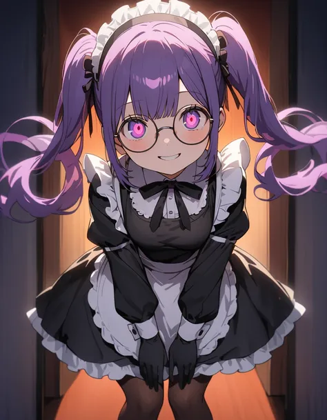 Long purple hair ,  wearing maid clothes, round glasses, Front Light ,Cute 2D, Front lighting 、( for a woman with bristles、masterpiece、 high definition 、 Details)、animeスタイル、 flat style 、(Shining Eyes、 Details美しい顔),  1 girl、extremely  Details、(The Shining),...