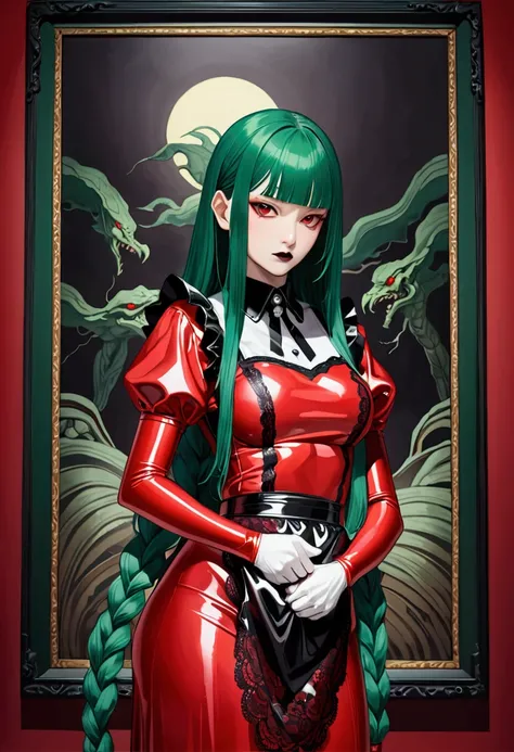  masterpiece fails, Portrait painting ,  Highest image quality ,( full height),Japanese,(evil),25+,Model, incredible appearance , is very beautiful,(long braids,dark green hair,Straight bangs),(( long latex maid suit )), covers and covers the whole body .(...