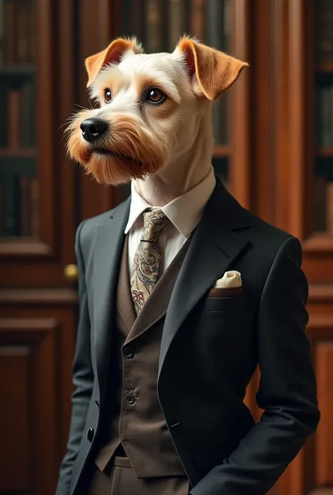 A detailed image of a stylish dog wearing a perfectly tailored three-piece suit. The dog is standing upright, showcasing the full suit, including a fitted blazer, a matching vest, and trousers. The suit is elegant, featuring fine fabric and a sophisticated...