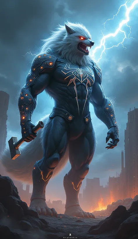 Design a hybrid entity combining the Wolf’s feral majesty with Spiderman. The creature should have the spiderman’s muscular frame, gery glowing mane, and razor-sharp claws, merged with Spideman’s armor, glowing runes, and the iconic Mjolnir in its paw. Its...