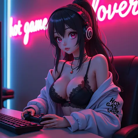  girl ,  sexy underwear, jacket worn , gaming headphones, In the hands of a joystick, 3 d , Anime style ,  on his jacket has  "Hot Game Lover", the inscription on the wall is glowing "Hot Game Lover" 