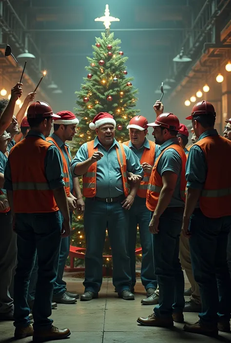 It generates the image of factory workers camping the supervisor while the workers pose with a Christmas theme