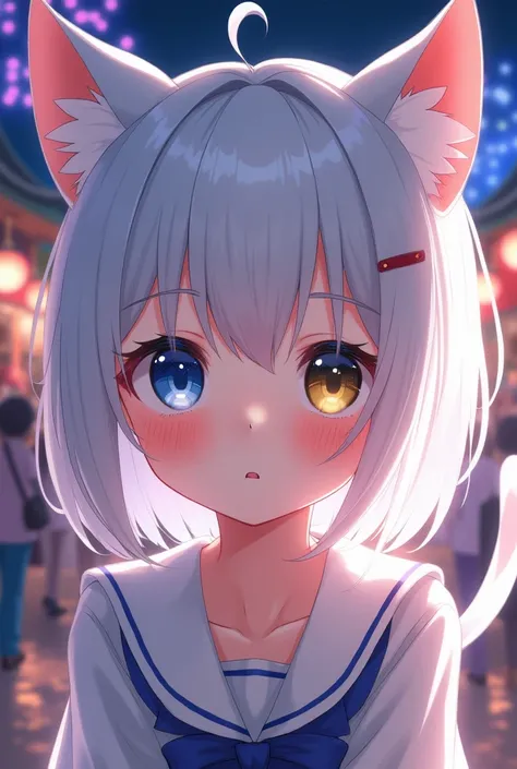 high-quality, breathtaking),(expressive eyes, perfect face), 1girl, girl, solo, short, young girl, ahoge, white hair, long hair, yellow eyes, heterochromia, blue eyes, focus female, black japan yukata, location: firework festival , focus to camera, animal ...