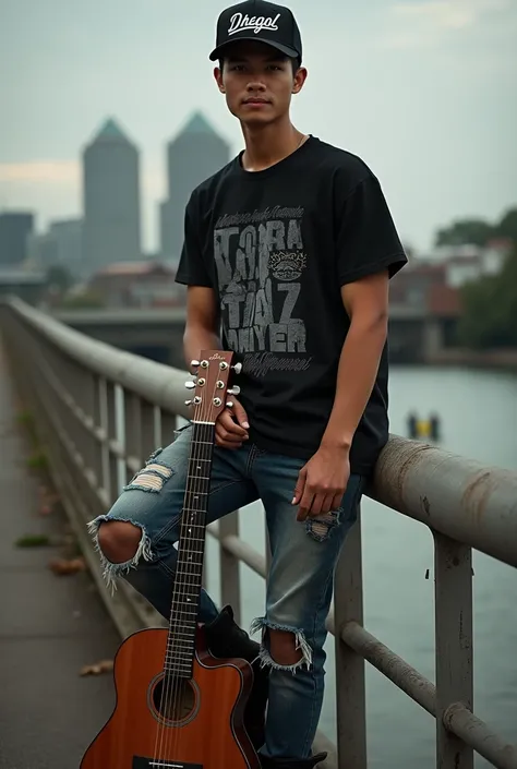 Indonesian man with good looking and clean face wearing boots wearing sunglasses wearing black t-shirt with picture wearing ripped jeans wearing baseball cap with dhegol reading playing guitar while leaning on bridge crossing face appears to be looking at ...