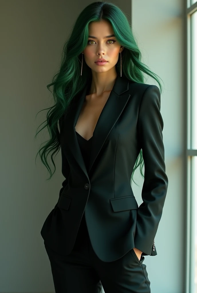 1girl, green hair, long hair, golden eyes, dark business suit, dark pants