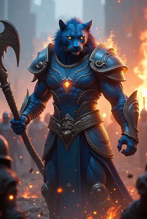 a realistic character,  with a human body and the head of a panther, He is extremely strong ,  his skin is covered with war armor ,  and armor that shines like stars , diamonds in his clothes ,  with a flaming sickle in his hands , 
in a war scenario,  fil...