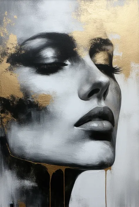 "A Greek mythology abstract oil painting capturing the delicate interplay of light and shadow on a womans face, rendered entirely in shades of metallic silver and gold. The composition features bold, rough brushstrokes that emphasize the texture of the med...