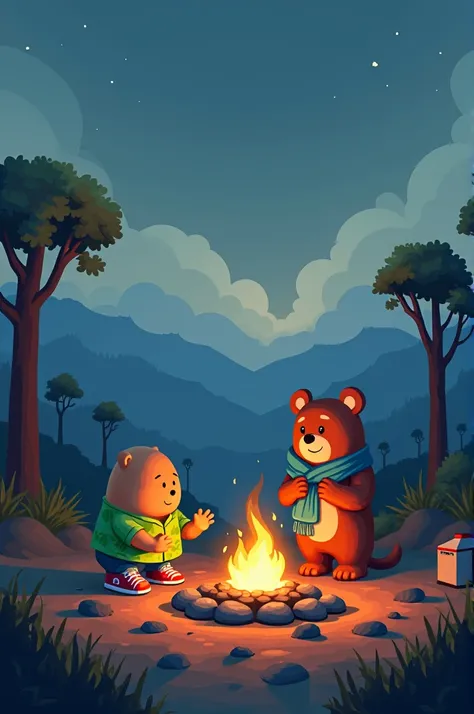 In a serene yet isolated location far from the bustling city, Aloo and Bhaloo set up their campsite. Aloo, the short, round potato-like character in a green tropical shirt and red sneakers, carefully places stones to encircle their campfire, while Bhaloo, ...