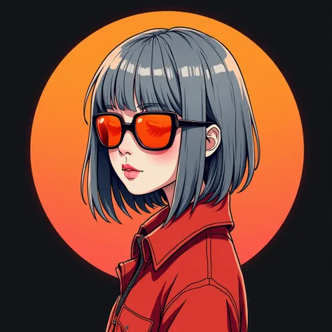  Drawing of  korean style  girl  , beautiful , straight short  gray hair, water color , neon , minimalist,wearing red orange attire sunglasses ,facing left ,Circle on background ,on black construction paper,  good, half body drawing, , 4K, octane render na...