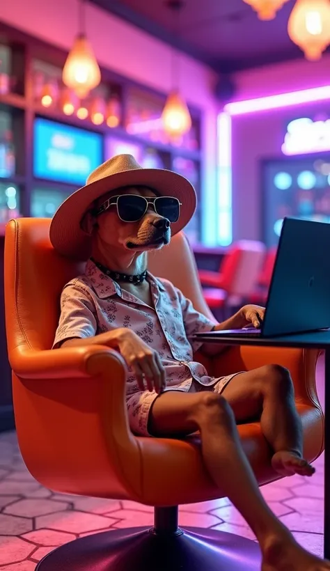 Un chien cool nommé “ChillGuy”, assis confortablement sur un fauteuil en cuir futuriste, tenant un cigare. ChillGuy porte des lunettes de soleil modernes, un chapeau de plage incliné, et une chemise à fleur. L’arrière-plan montre un bar cyberpunk , avec de...