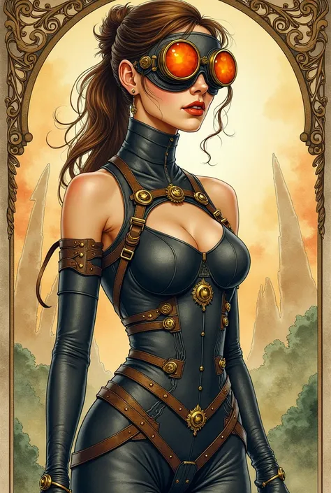 An art nouveau style watercolor image of a slender woman in a steampunk style armor in brass and black held together with leather straps. Orange goggles. Leather gloves. Druillet style. Enki Bilal. Mesmerizing look. Ornamental steampunk background. 