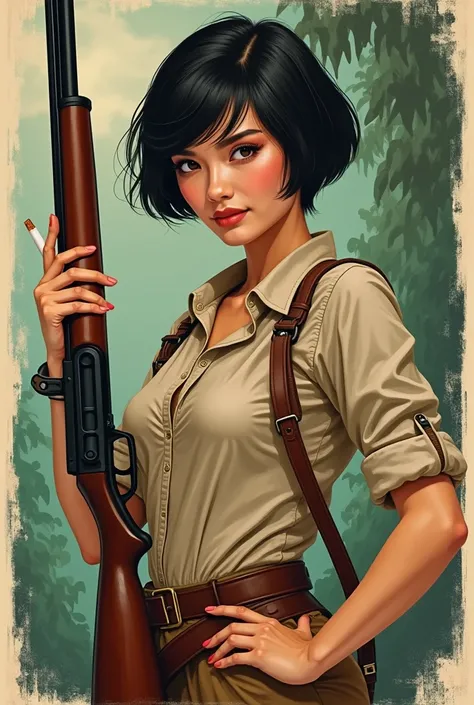 a vintage novel poster showing a beautiful thai actress smoking, short hair, wearing British Trekking outfit with holding hunter riffle,