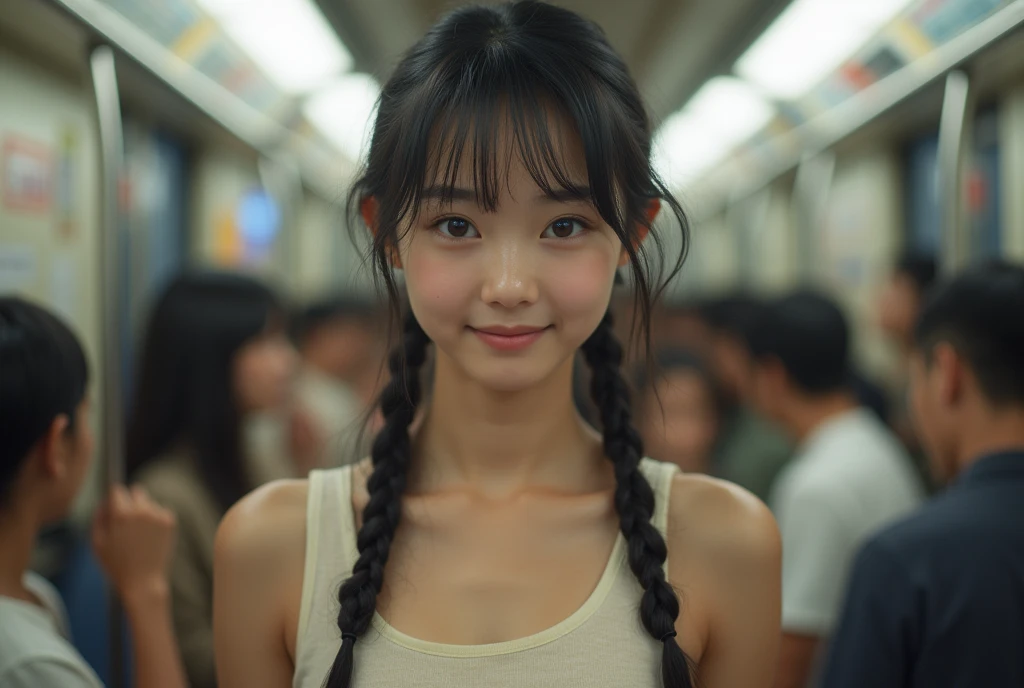  Professional Lighting  、 plain Japanese girl、smile、Hair is braided　 long hair, Delicate body、The age is 16　( flat chested)、  crowded trains near the door　Summer clothes