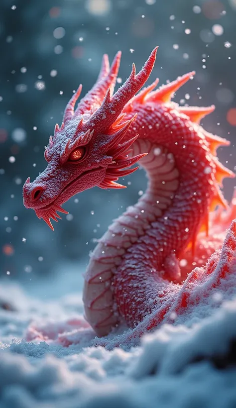 icy red dragon, emerging from a swirling snowstorm with frosty red hues on a dark, foggy background with faint, glowing red accents, as if the very presence of the dragon permeates the air with cold. snowflakes, with their brilliance, emphasise the majesty...