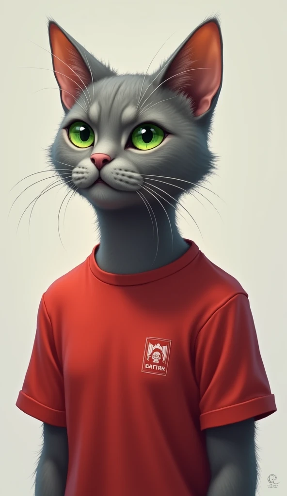 A gray furred cat with sharp green eyes, wearing a casual red shirt with a small game logo on the chest.