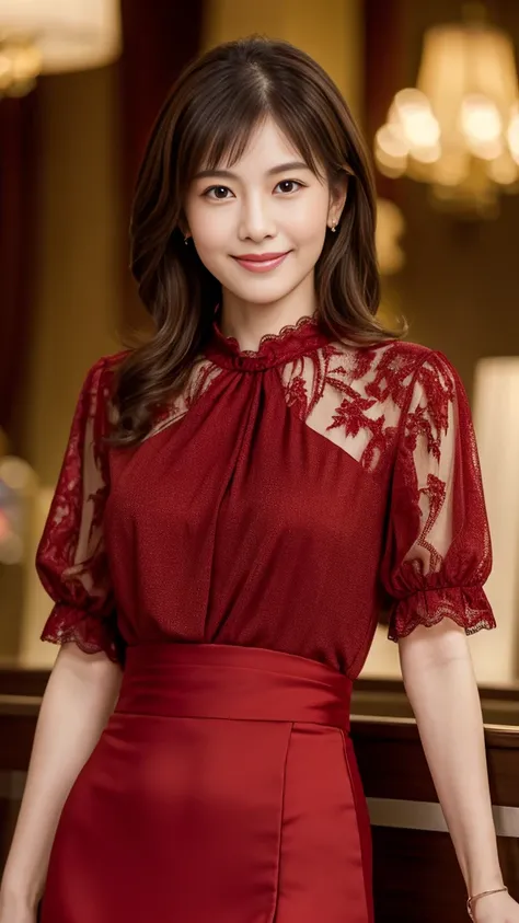 8k highest quality,  realistic ,  surreal,  high image quality,  very detailed CG,   Very Delicate and Beautiful  , 8k wallpaper,  high definition , Hotel Lobby, (Dim lighting), Single women, , ((whole body)), (( stand in front of us)), (blouse), ( Long Sk...