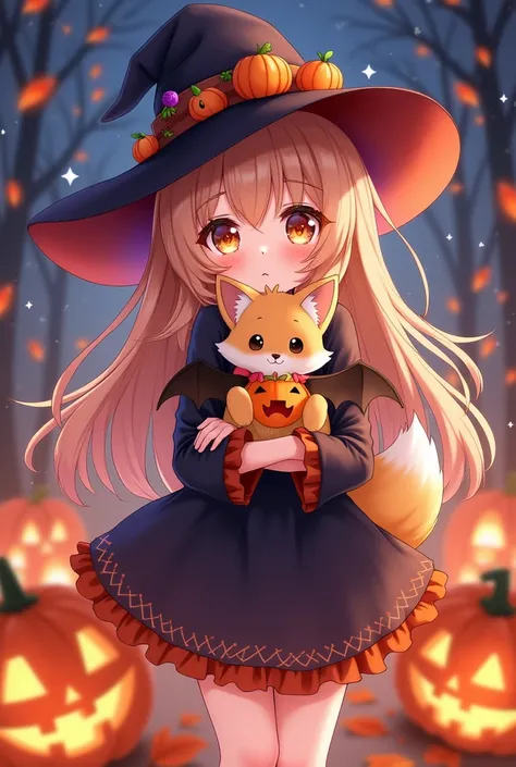 A charming anime-style girl dressed in an adorable Halloween outfit, featuring a witchs hat adorned with small pumpkins and ribbons. She has long, flowing hair and sparkling eyes, holding a cute fox or cat companion in her arms. The fox has fluffy fur and ...