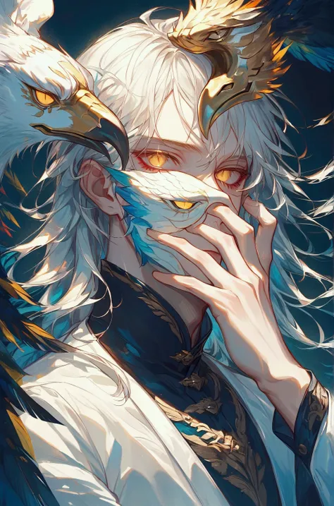 (outrageous, high resolution, ultra-precise), (man), single, handsome, detailed eyes and detailed faces, white hair, long hair, yellow eyes, hunter, eagle skin mask on the face