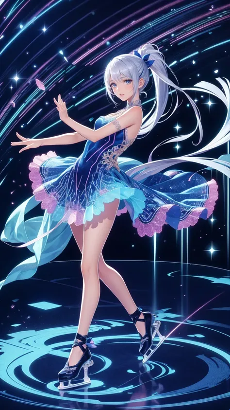  head to toe depiction、 full body view、masterpiece, 最 High Quality , 超 Details,、  ice skating rink  ,Ice Dance/DANCING ON ICE 、 8K Anime Art  ,Very beautiful girl  , one woman,  ponytail, ,( 1 Woman ),Dancing on ice ,("  figure skater"),Beautiful dress,(Ic...