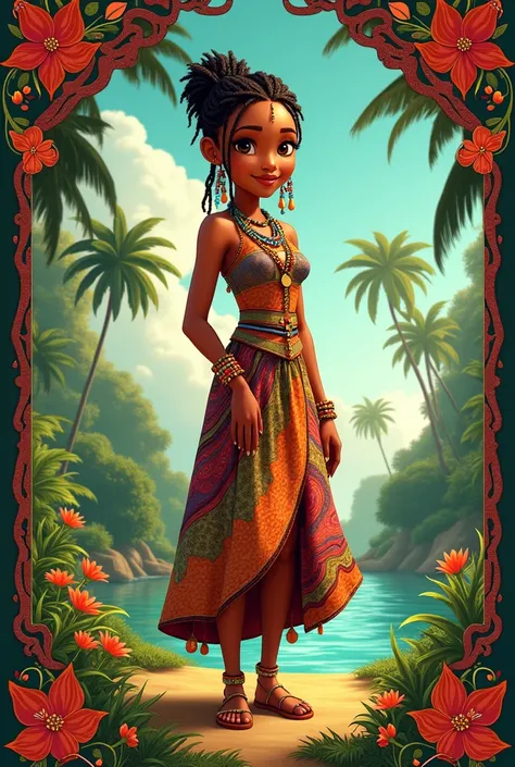 Movie poster with yellow-Skinned Khoisan Disney Princess with cornrow braids dressed in African beads standing disney princess tiana