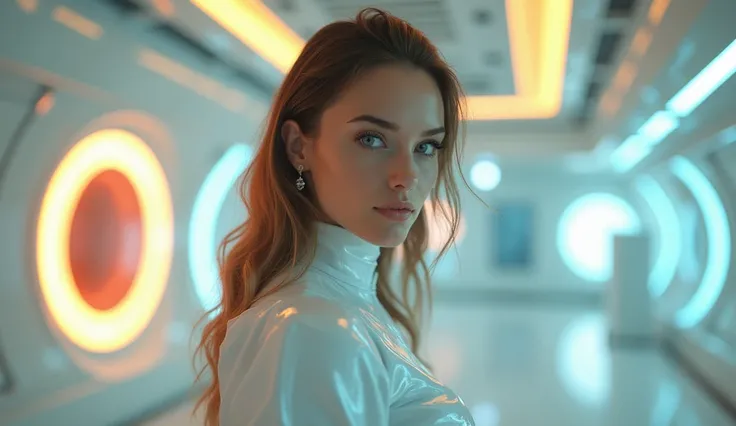 Maximum quality masterpiece, 4k resolution, (best quality, 4k, 8k, high resolution, masterpiece:1.2), super detail, (realistic, photorealistic, photorealistic:1.37), HDR Attractive 20 year old American girl in modern spaceship, white, yellow, red, blue lig...