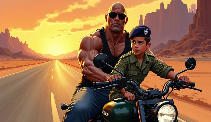 "A detailed and dynamic illustration of Dwayne The Rock Johnson, the WWE superstar, riding a motorcycle alongside a young military boy. The Rock is wearing a casual black tank top, jeans, and sunglasses, exuding his iconic charisma and strength. The milita...