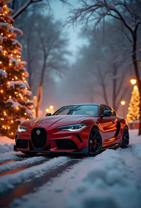  unified 8k wallpaper，ultra - detailed，Beauty and aesthetics，tmasterpiece，best qualtiy，christmas，（main body：car），Automotive elements，（Matching elements：elk，santa，bell，gifts，snowflower，Christmas tree，）glittery，Warm，Detailed