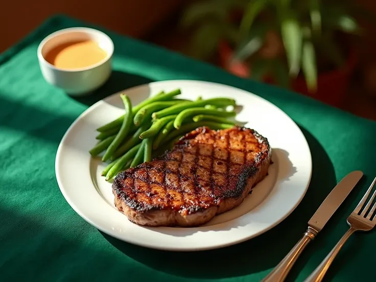 A bright still life ,  depicting a delicious meal :  The main course is a tender grilled steak ,  lying on a white plate .  All this is artfully arranged on a green velvet tablecloth ,  against a warm and attractive background ,  with shallow depth of fiel...