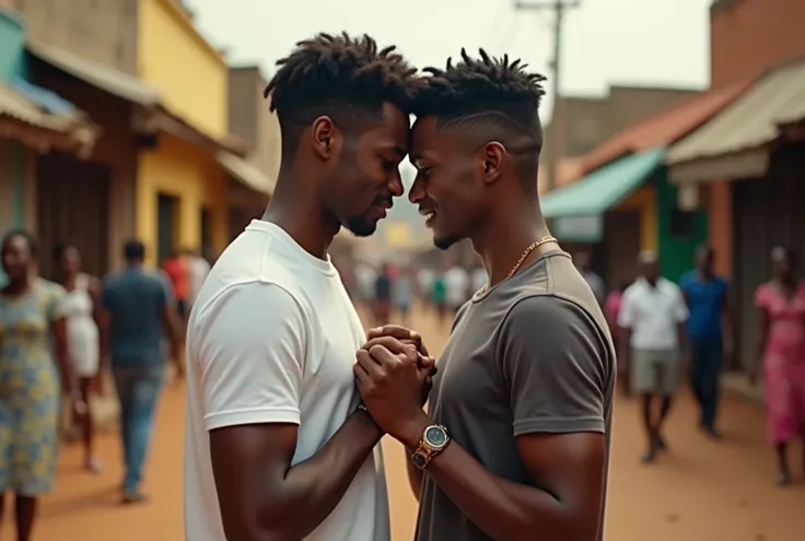 A sexy asian gay couple standing and holding hands in the Republic of Ghana, real 4K movie scene