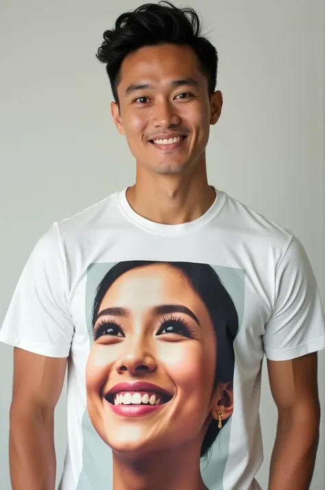 Handsome Indonesian man wearing a white t-shirt with a picture of a beautiful smiling womans face 