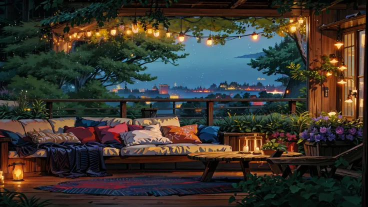 painting of a couch sitting on top of a wooden deck, cozy night fireflies, cozy and peaceful atmosphere, cozy atmosphere, soothing and cozy landscape, rainy evening, pleasant cozy atmosphere, cozy home background, cosy atmosphere, cozy place, at evening du...