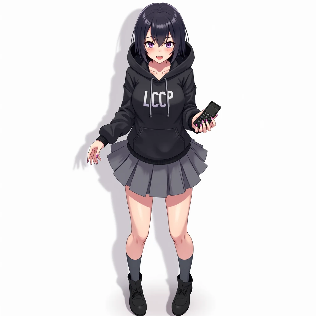 Adult anime woman looking forward and black hair and purple eyes and standing in front and opening her legs and wearing black leather shoes and gray socks up to the knees And wearing black poleron slim fit not with front closure with hood and black pocket ...