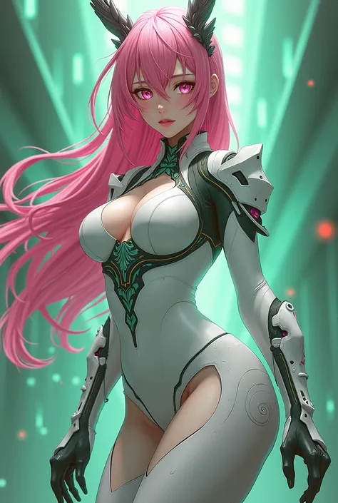  Girl with long pink bed hair, pink bed eyes ,  winged headband for a tight cyber punk suit in shades of white and green, white and green ,  with big breasts, in anime style 