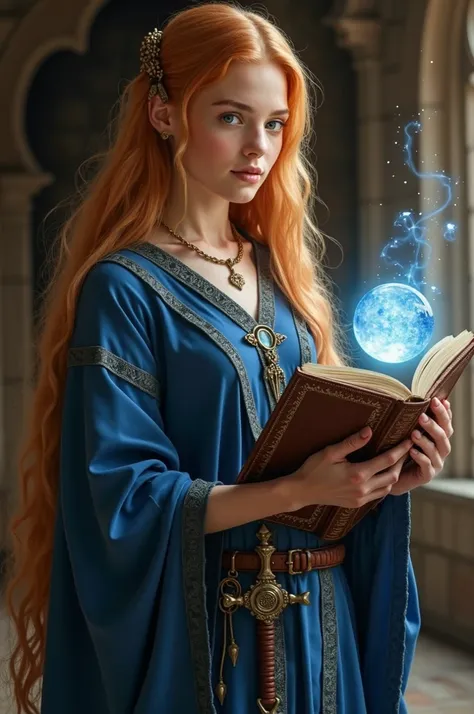 Strong mage human girl, pale skin, stern look, gray eyes, long blonde copper hair, wearing a blue tunic finely decorated, holding a spellbook, belt with a dagger, pentacle necklace, fantasy fireplace background. high quality, lord of the rings style. magic...