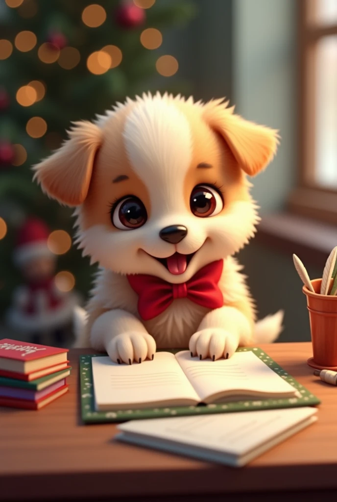 Christmas puppy, small and cuddly writing a very happy letter