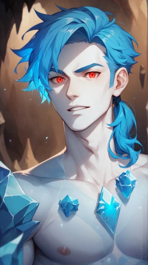 masterpiece,  best quality, Ghost Handsome Guy , Male Model，Soul body， white skin ，dark cave， glowing red eyes ，Transparent body，Blue hair，Single ponytail，ice crystals